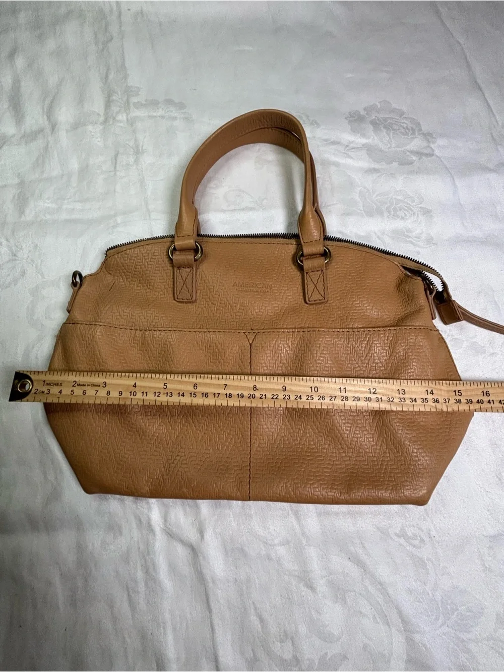 American Leather Co Tan Leather Satchel Handbag Embossed Top Handle Purse